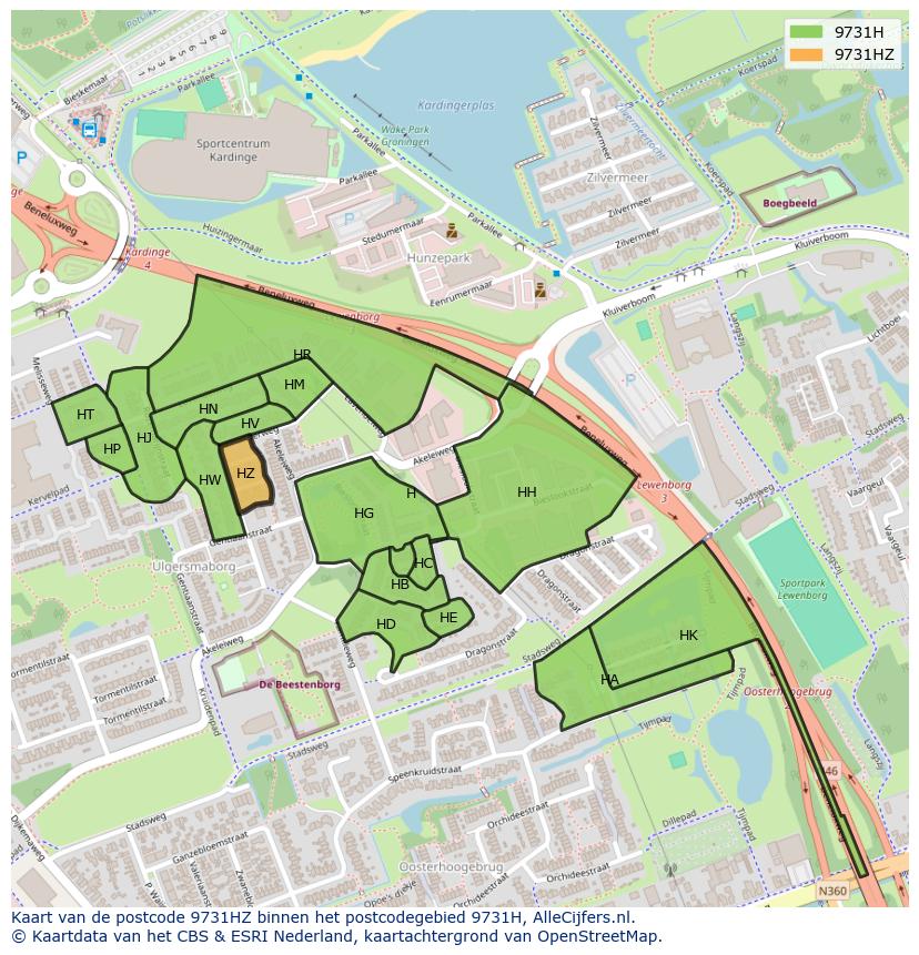 Afbeelding van het postcodegebied 9731 HZ op de kaart.