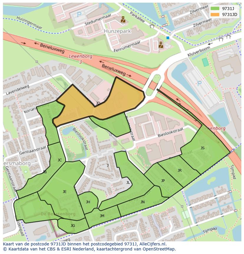 Afbeelding van het postcodegebied 9731 JD op de kaart.