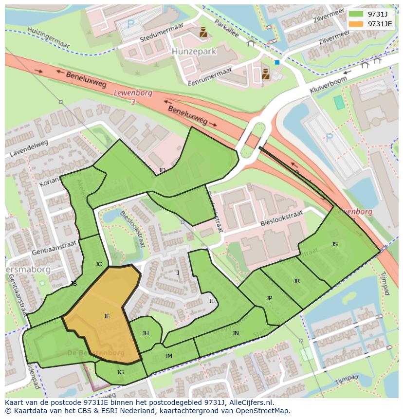 Afbeelding van het postcodegebied 9731 JE op de kaart.