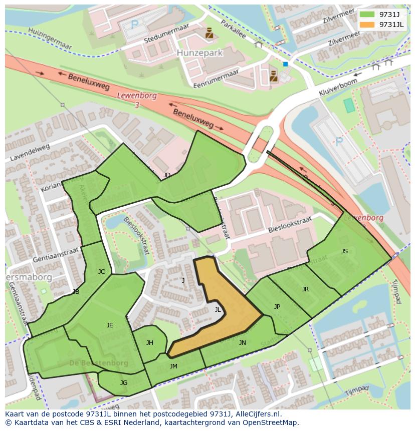 Afbeelding van het postcodegebied 9731 JL op de kaart.