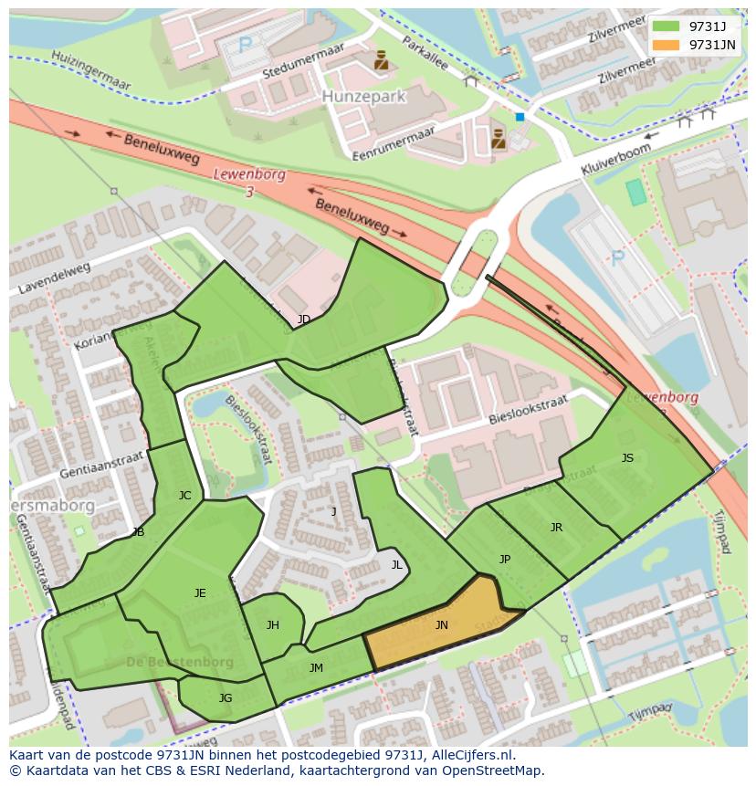 Afbeelding van het postcodegebied 9731 JN op de kaart.