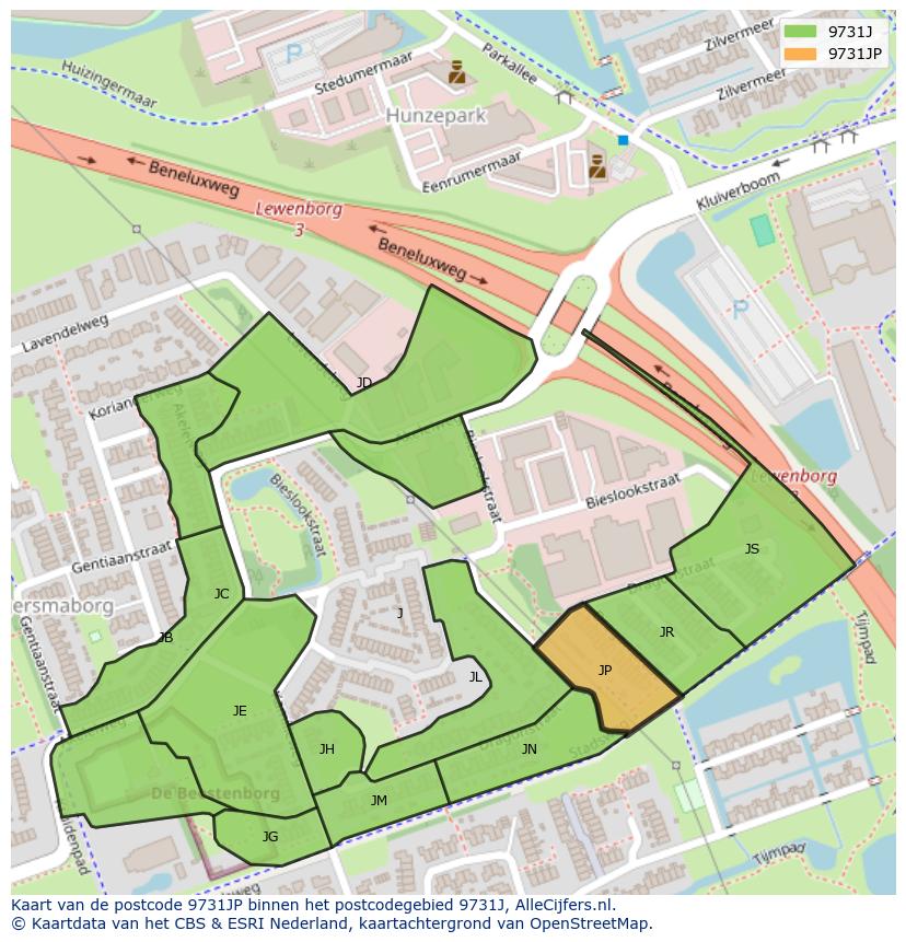 Afbeelding van het postcodegebied 9731 JP op de kaart.