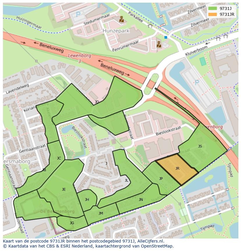 Afbeelding van het postcodegebied 9731 JR op de kaart.