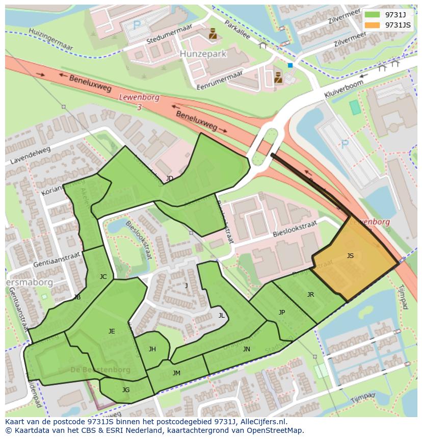 Afbeelding van het postcodegebied 9731 JS op de kaart.