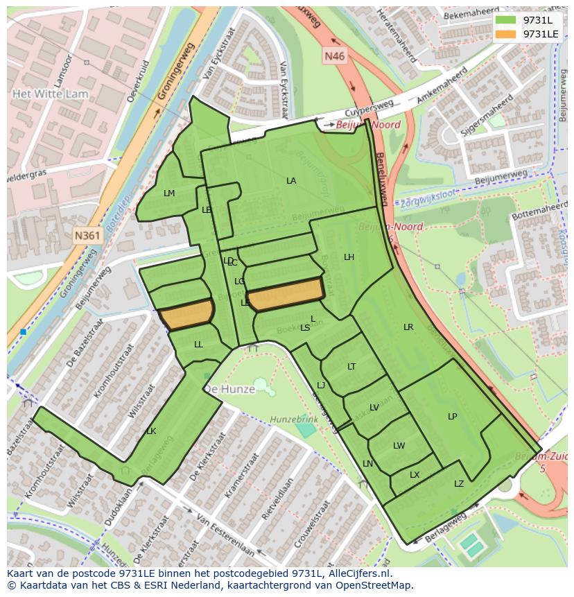 Afbeelding van het postcodegebied 9731 LE op de kaart.