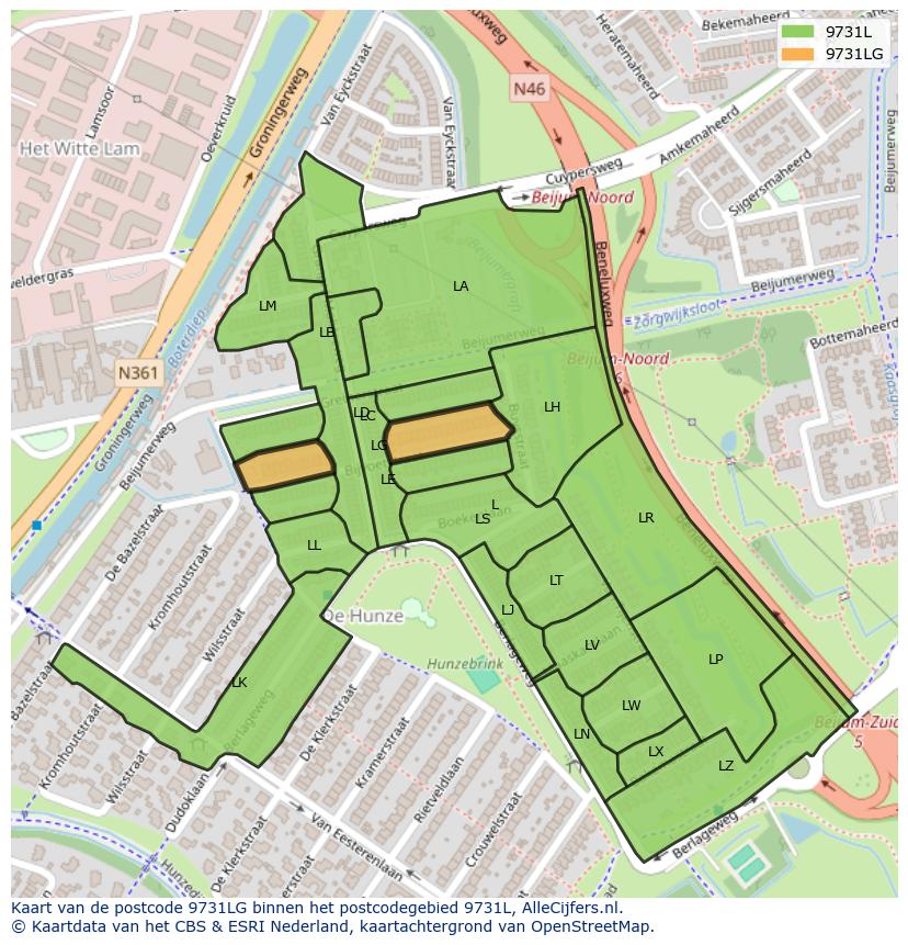 Afbeelding van het postcodegebied 9731 LG op de kaart.