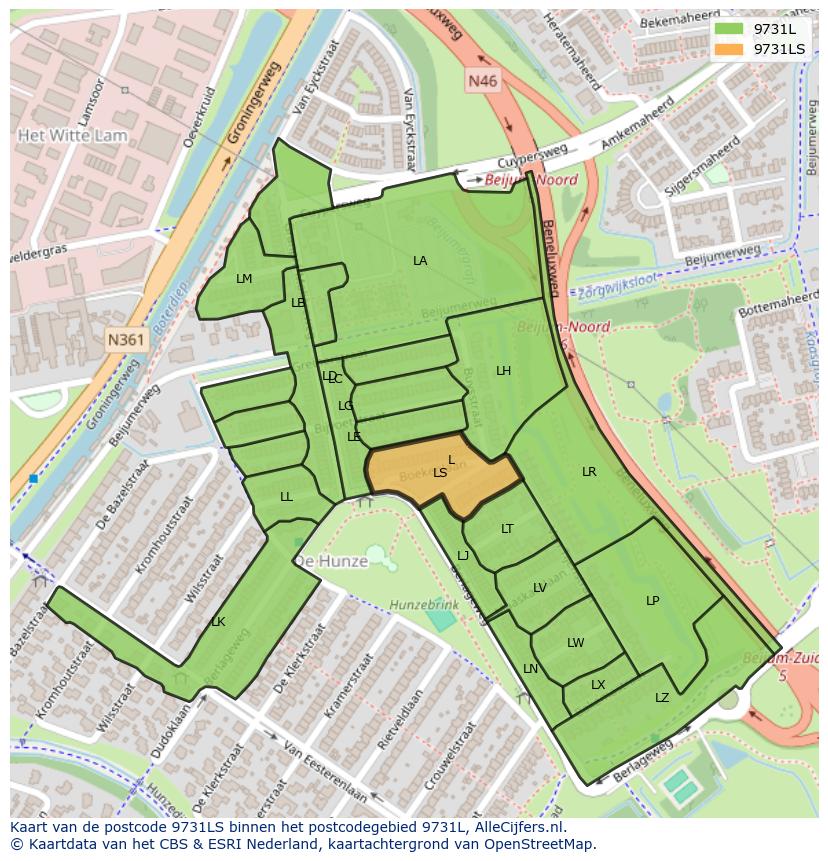 Afbeelding van het postcodegebied 9731 LS op de kaart.