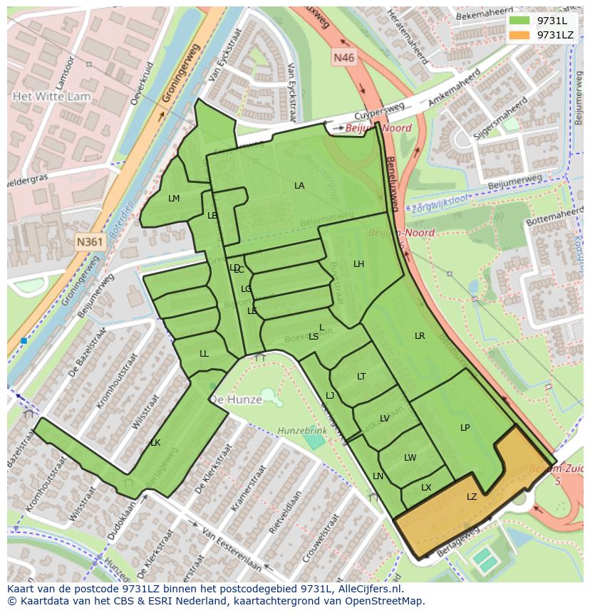 Afbeelding van het postcodegebied 9731 LZ op de kaart.