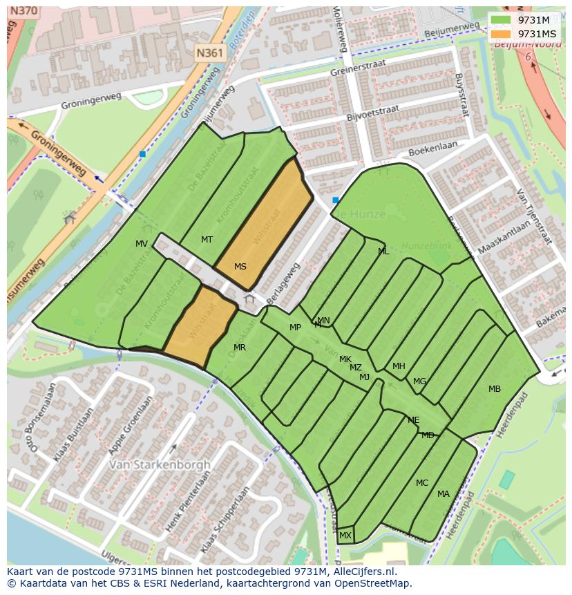 Afbeelding van het postcodegebied 9731 MS op de kaart.