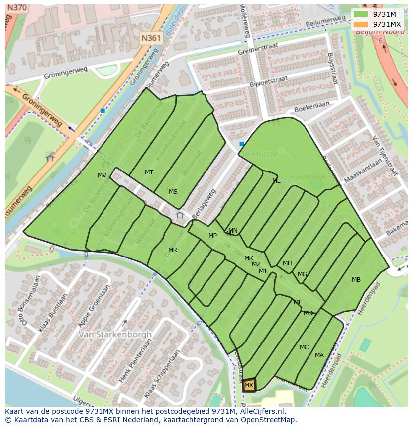 Afbeelding van het postcodegebied 9731 MX op de kaart.