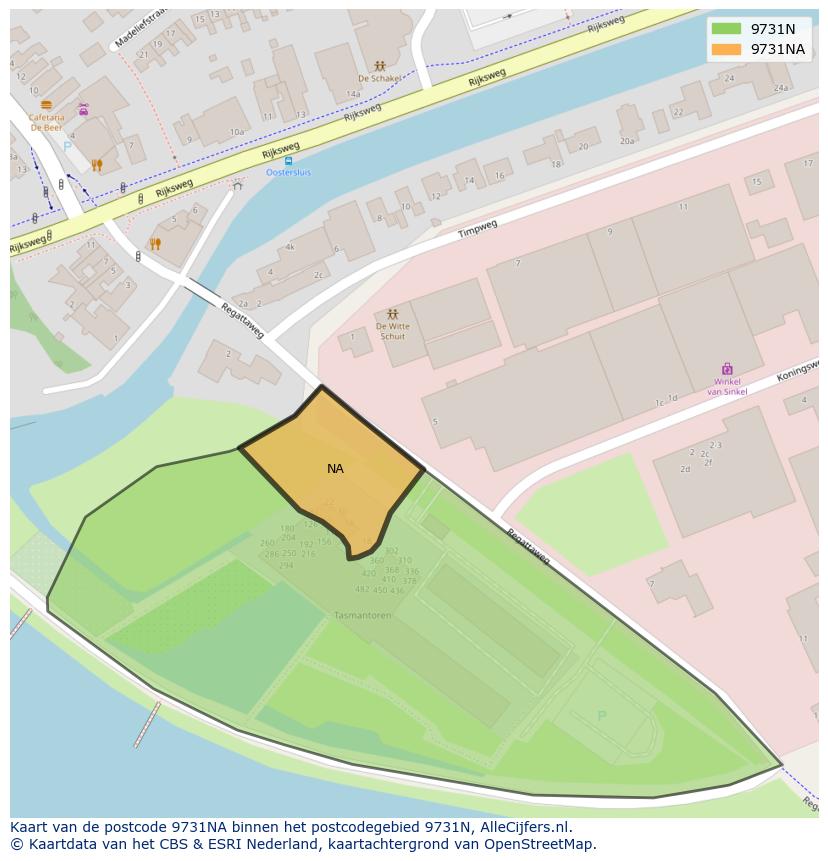 Afbeelding van het postcodegebied 9731 NA op de kaart.