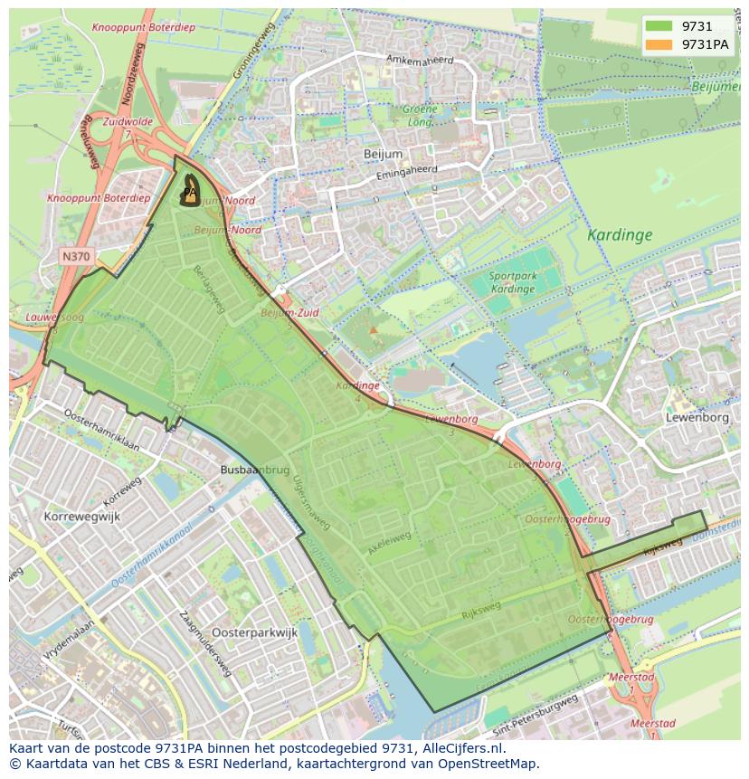 Afbeelding van het postcodegebied 9731 PA op de kaart.