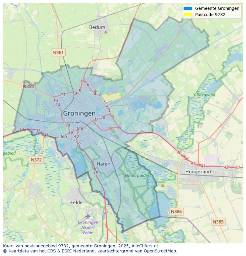 Afbeelding van het postcodegebied 9732 op de kaart.