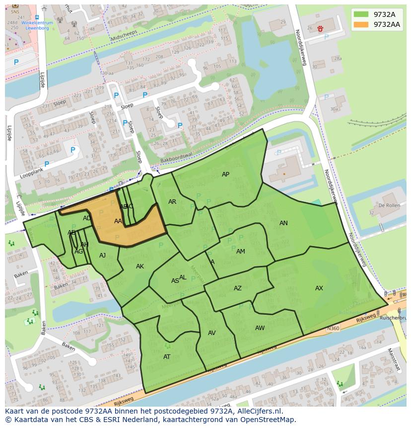 Afbeelding van het postcodegebied 9732 AA op de kaart.