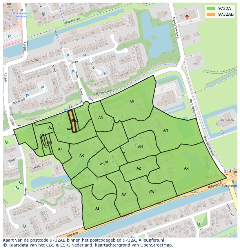 Afbeelding van het postcodegebied 9732 AB op de kaart.