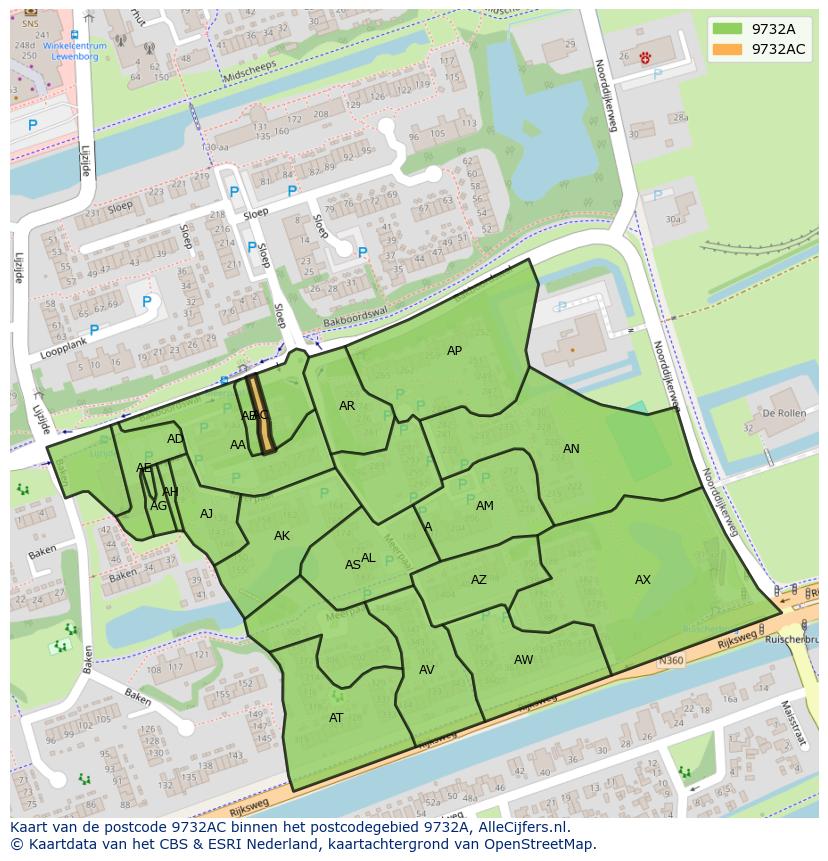 Afbeelding van het postcodegebied 9732 AC op de kaart.