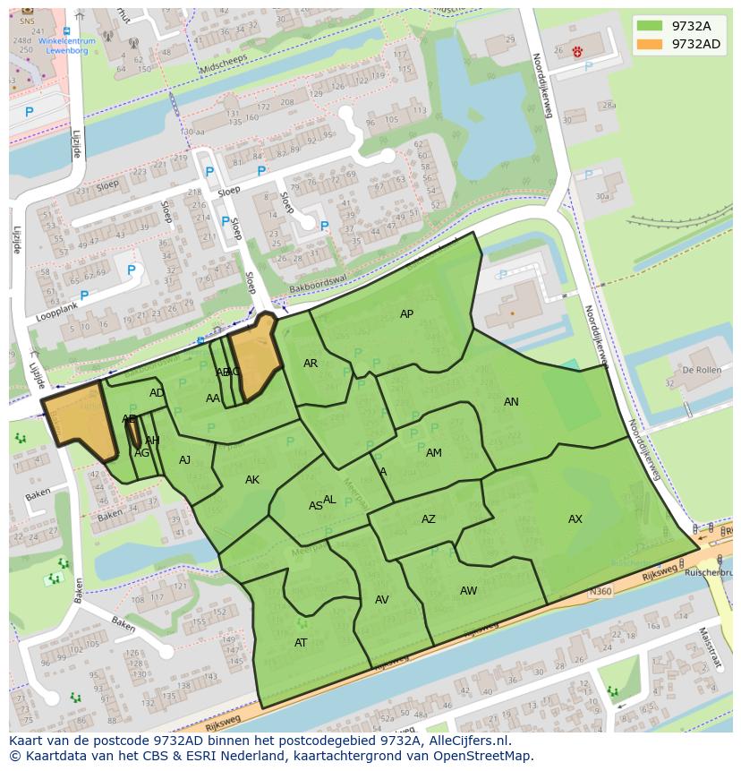Afbeelding van het postcodegebied 9732 AD op de kaart.
