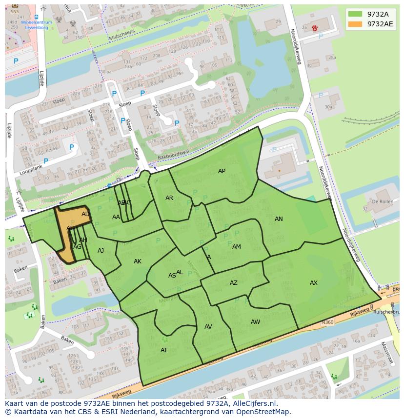 Afbeelding van het postcodegebied 9732 AE op de kaart.