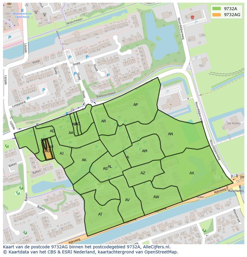 Afbeelding van het postcodegebied 9732 AG op de kaart.