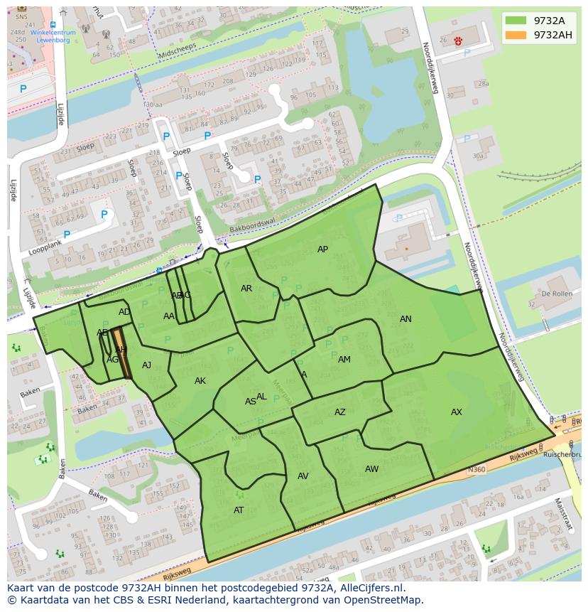 Afbeelding van het postcodegebied 9732 AH op de kaart.