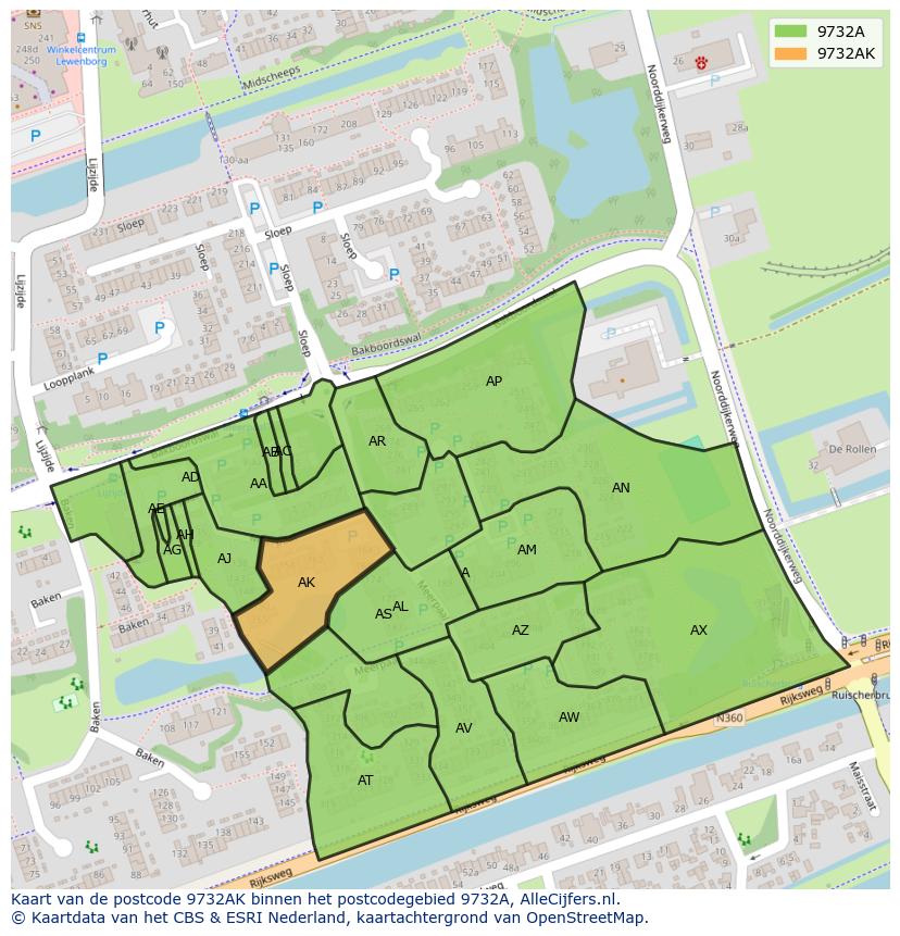 Afbeelding van het postcodegebied 9732 AK op de kaart.