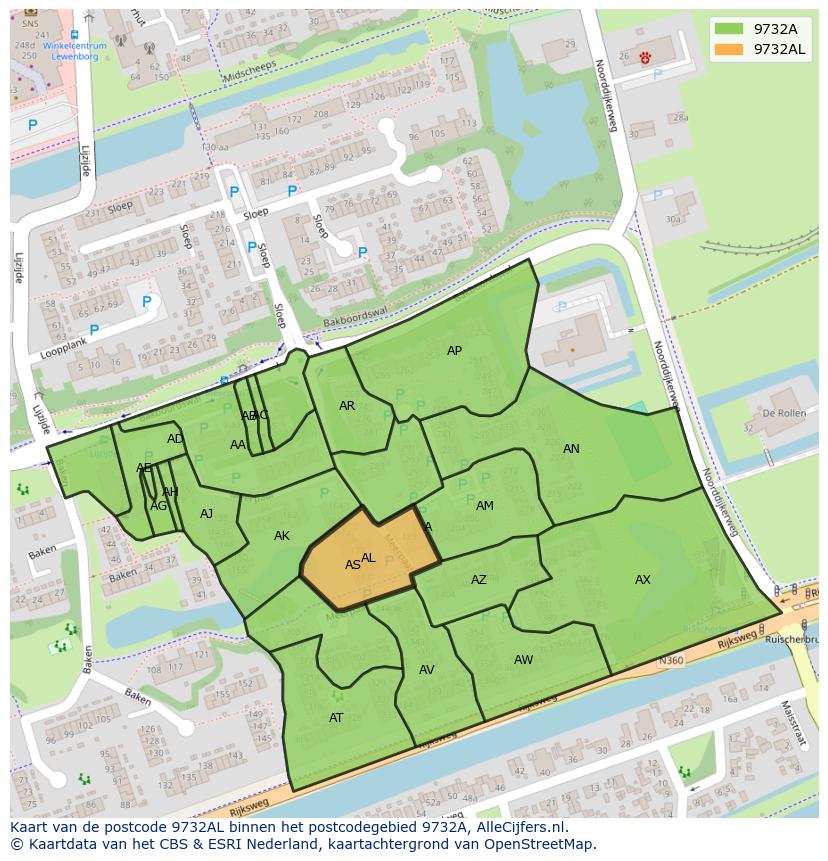 Afbeelding van het postcodegebied 9732 AL op de kaart.