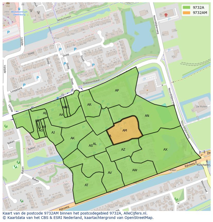 Afbeelding van het postcodegebied 9732 AM op de kaart.