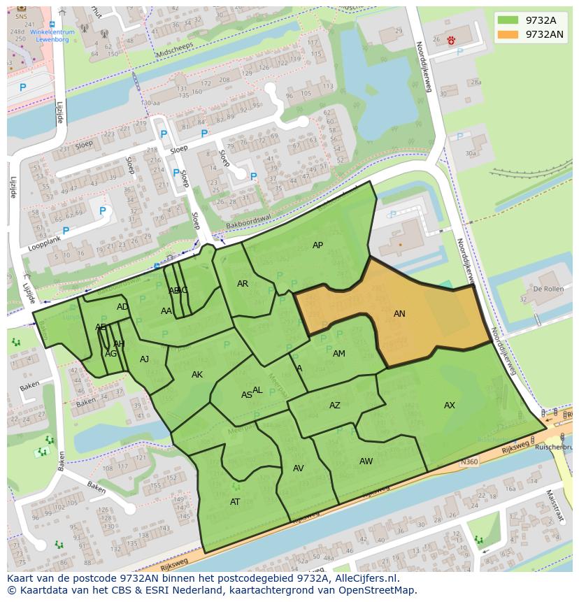 Afbeelding van het postcodegebied 9732 AN op de kaart.