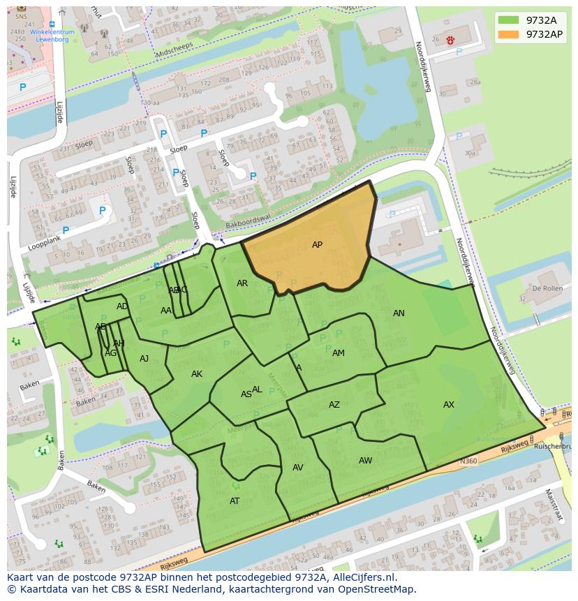 Afbeelding van het postcodegebied 9732 AP op de kaart.