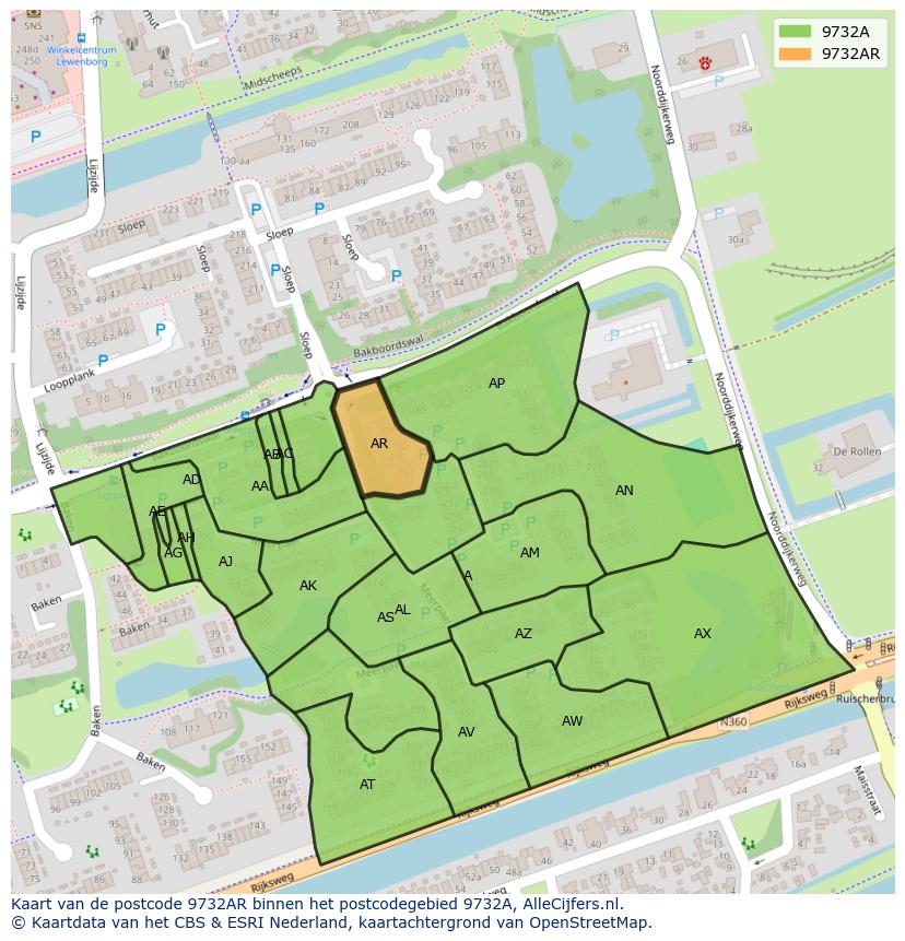 Afbeelding van het postcodegebied 9732 AR op de kaart.