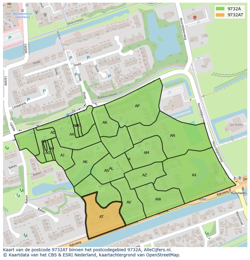 Afbeelding van het postcodegebied 9732 AT op de kaart.