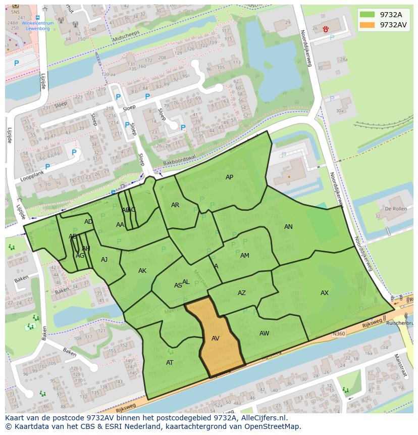 Afbeelding van het postcodegebied 9732 AV op de kaart.