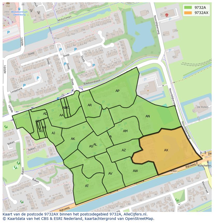 Afbeelding van het postcodegebied 9732 AX op de kaart.