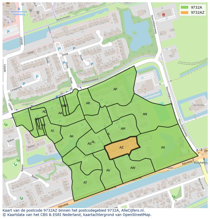 Afbeelding van het postcodegebied 9732 AZ op de kaart.