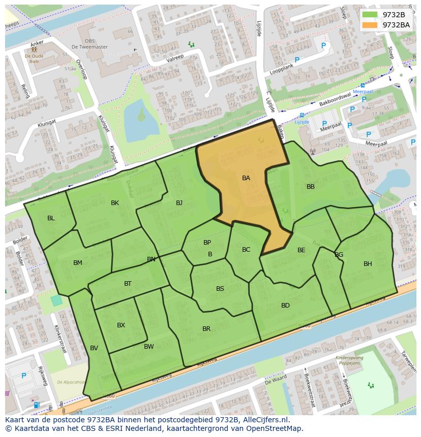 Afbeelding van het postcodegebied 9732 BA op de kaart.