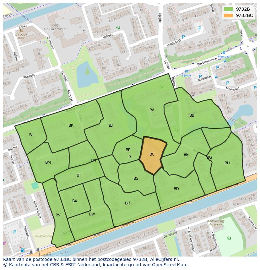 Afbeelding van het postcodegebied 9732 BC op de kaart.