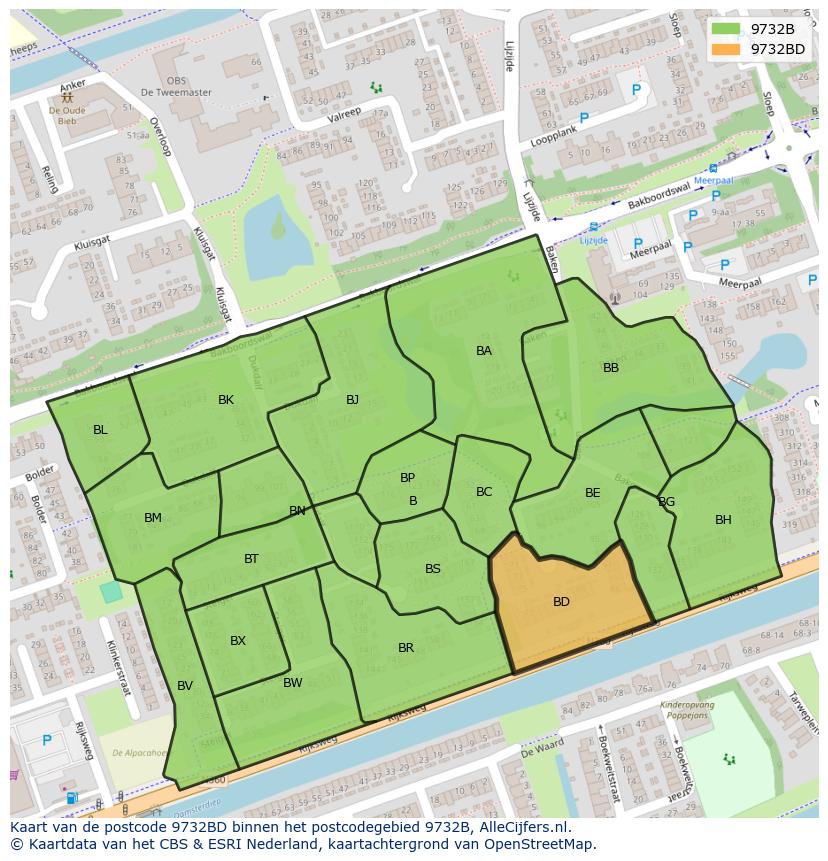 Afbeelding van het postcodegebied 9732 BD op de kaart.