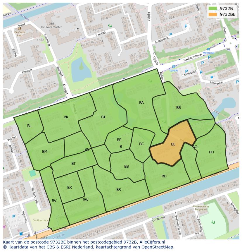 Afbeelding van het postcodegebied 9732 BE op de kaart.
