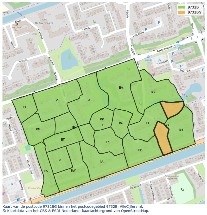 Afbeelding van het postcodegebied 9732 BG op de kaart.
