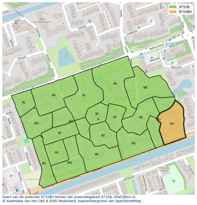 Afbeelding van het postcodegebied 9732 BH op de kaart.