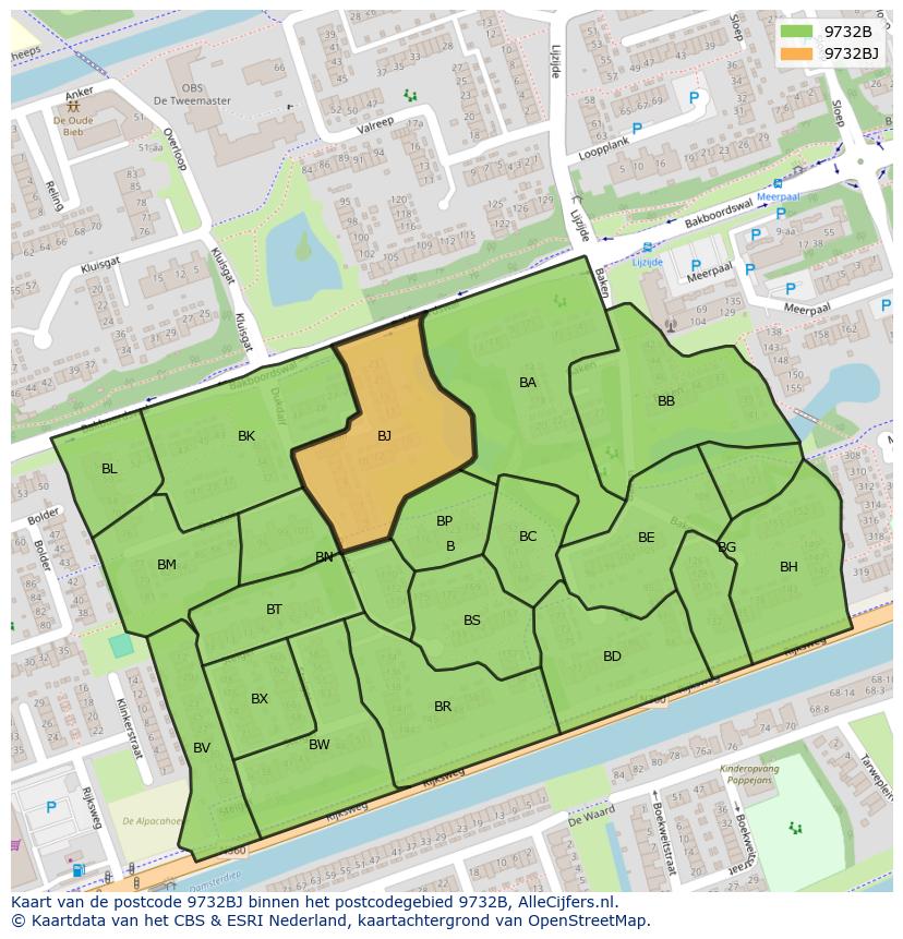 Afbeelding van het postcodegebied 9732 BJ op de kaart.