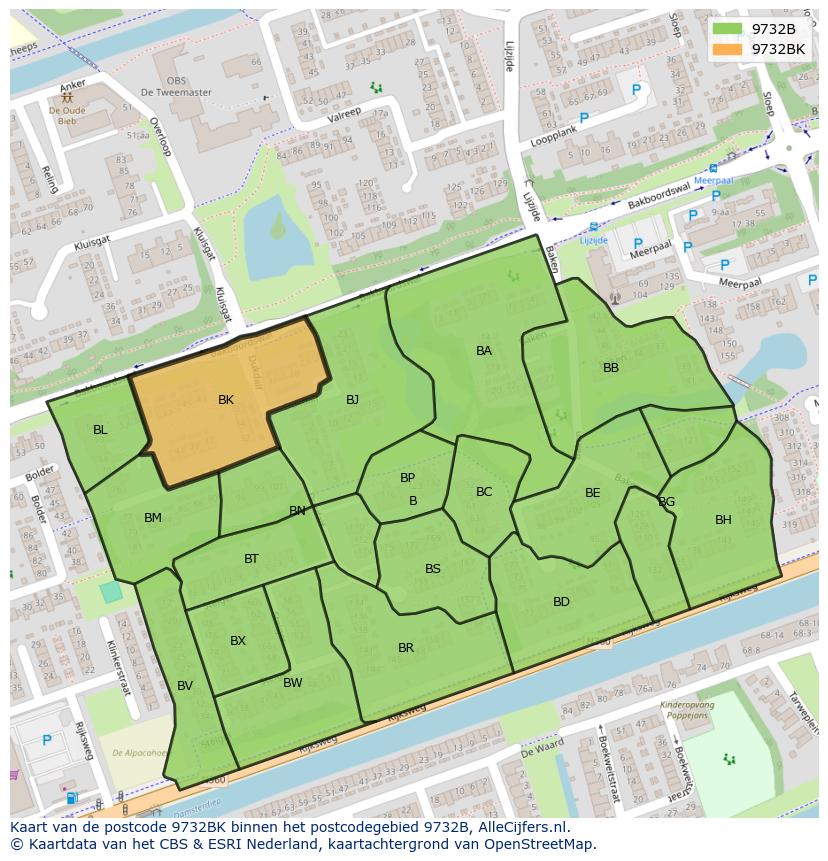 Afbeelding van het postcodegebied 9732 BK op de kaart.