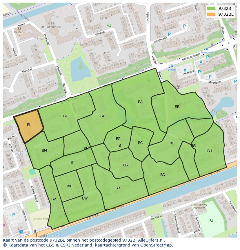 Afbeelding van het postcodegebied 9732 BL op de kaart.