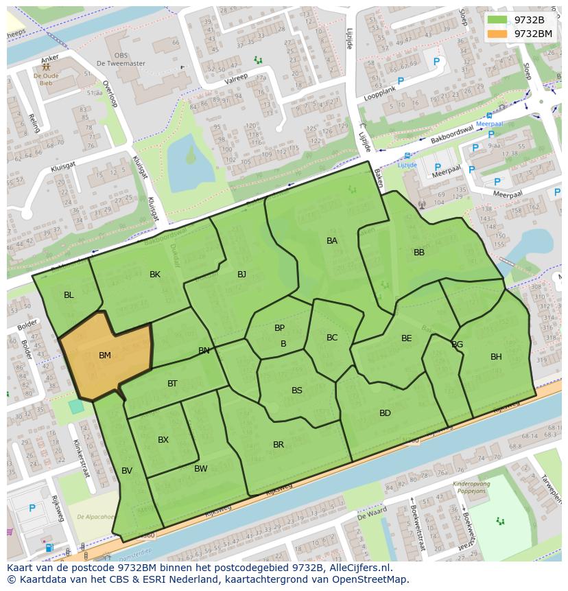 Afbeelding van het postcodegebied 9732 BM op de kaart.