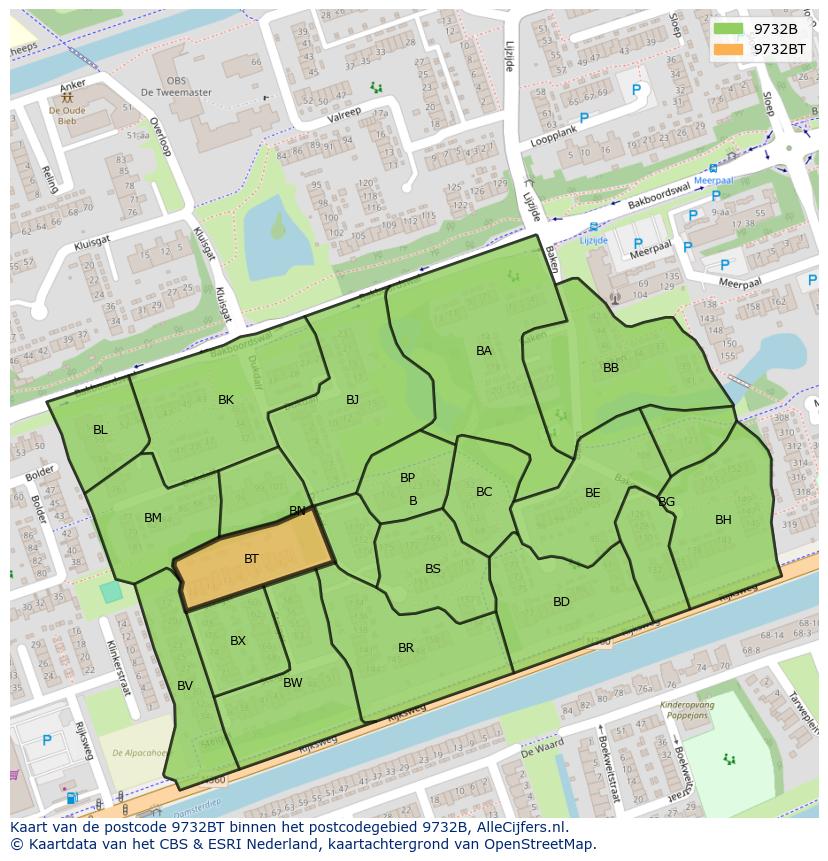 Afbeelding van het postcodegebied 9732 BT op de kaart.