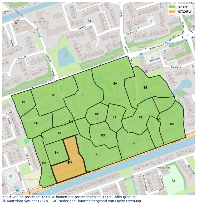 Afbeelding van het postcodegebied 9732 BW op de kaart.