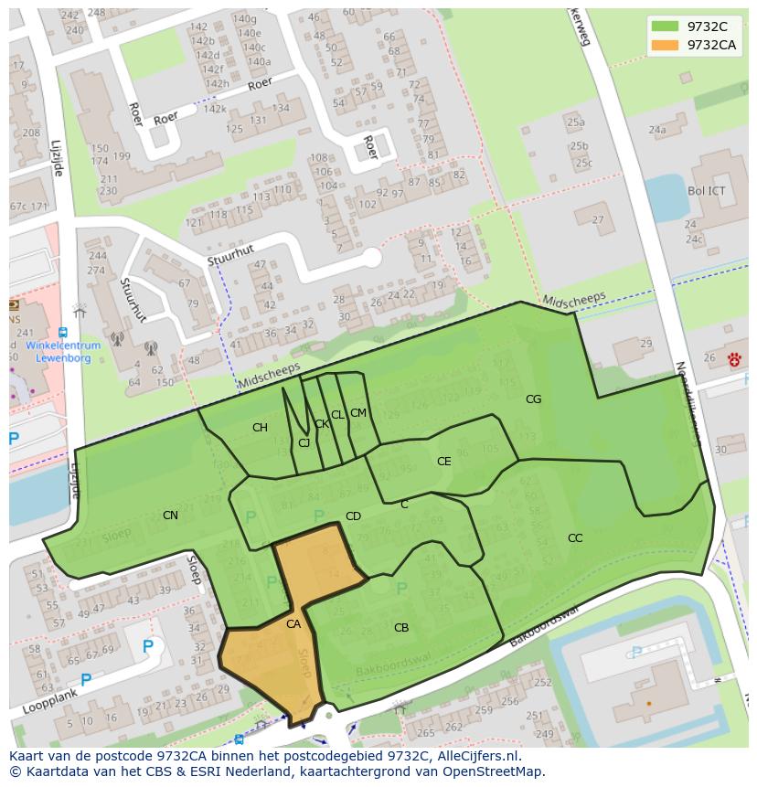 Afbeelding van het postcodegebied 9732 CA op de kaart.