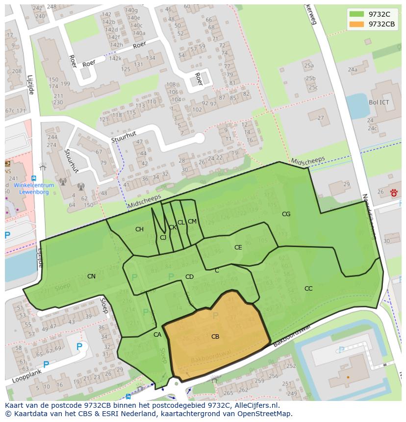 Afbeelding van het postcodegebied 9732 CB op de kaart.