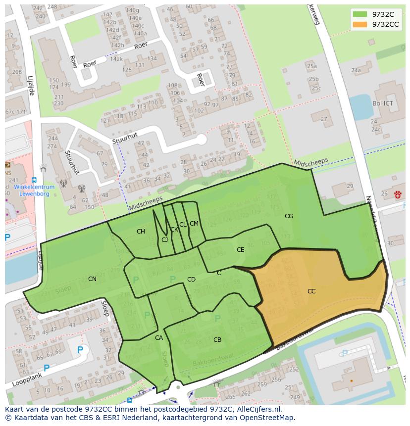 Afbeelding van het postcodegebied 9732 CC op de kaart.
