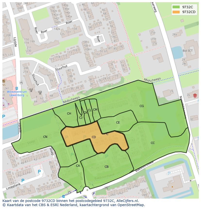 Afbeelding van het postcodegebied 9732 CD op de kaart.